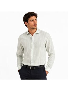 Bruli Swiss Made Shirt Mens XL Green White Striped Twill 100% Linen Button Down